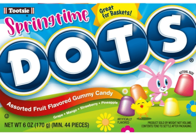 Dots, Easter Springtime, Grape, Mango, Strawberry, Pineapple, Chewy Candy, 6 oz. Peanut Free, Gluten Free.