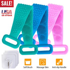 Silicone Back Scrubber Belt For Shower Exfoliating Foaming Body Wash Strap Brush Bristles Massage Dots W/ Adhesive Hook (Option: Green)