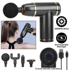 Percussion Massage Gun USB Type C Rechargeable Deep Tissue Vibration Massager Handheld Leg Body Cordless Massager w/ 4 Interchangeable Heads 8 Intensi (Option: Black)